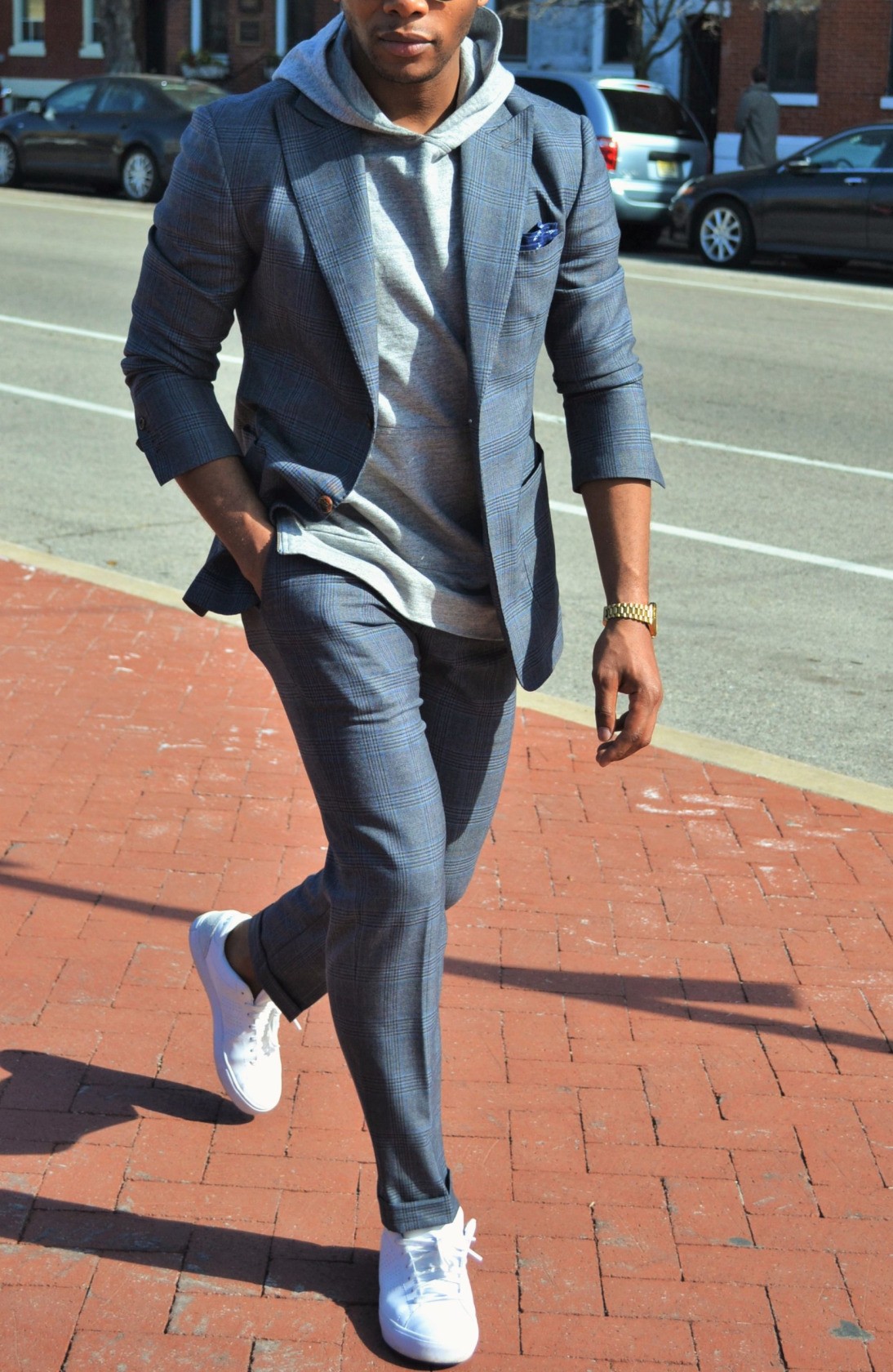 hoodie under suit with white trainers