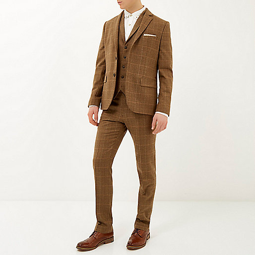 River Island Brown Check Three Piece Suit 5